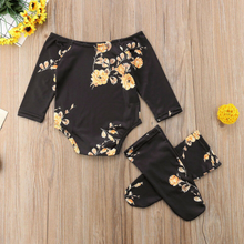 Load image into Gallery viewer, Off Shoulder Long Sleeve Flower Romper + Leg Warmers