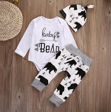 Load image into Gallery viewer, Baby Bear Romper Pants Beenie Hat Outfit