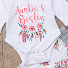 Load image into Gallery viewer, Auntie's Bestie Romper Floral Pants Hat Outfit