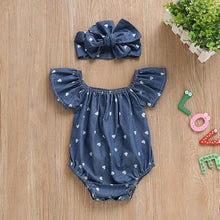 Load image into Gallery viewer, Blue Heart Romper Bow Headband Set
