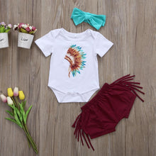 Load image into Gallery viewer, Feather Head Romper Tassel Shorts Headband Outfit
