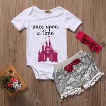 Load image into Gallery viewer, Princess Castle Romper Sequin Shorts Headband Outfit

