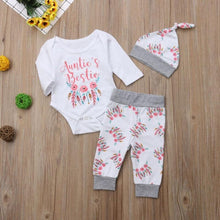 Load image into Gallery viewer, Auntie's Bestie Romper Floral Pants Hat Outfit
