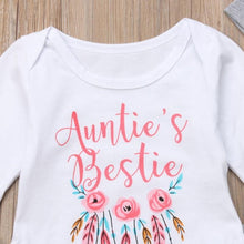 Load image into Gallery viewer, Auntie's Bestie Romper Floral Pants Hat Outfit
