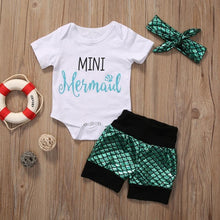Load image into Gallery viewer, Mini Mermaid Romper Shorts Headband Outfit
