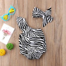 Load image into Gallery viewer, Zebra Off Shoulder Romper with Headband
