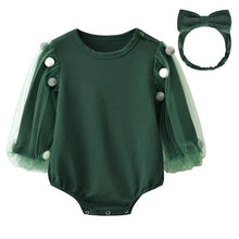 Load image into Gallery viewer, Green Puff Sleeve Pom Pom Romper with Headband
